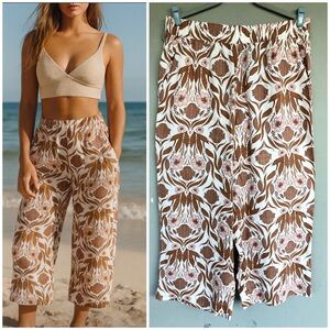 Rachel Zoe Linen Wide Leg Pants L Brown Pink Floral Pockets Elastic Waist Boho